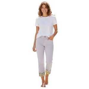 Johnny Was Cuffed Boyfriend Jeans Lavender Floral Lined Mid Rise Stretch Size 29